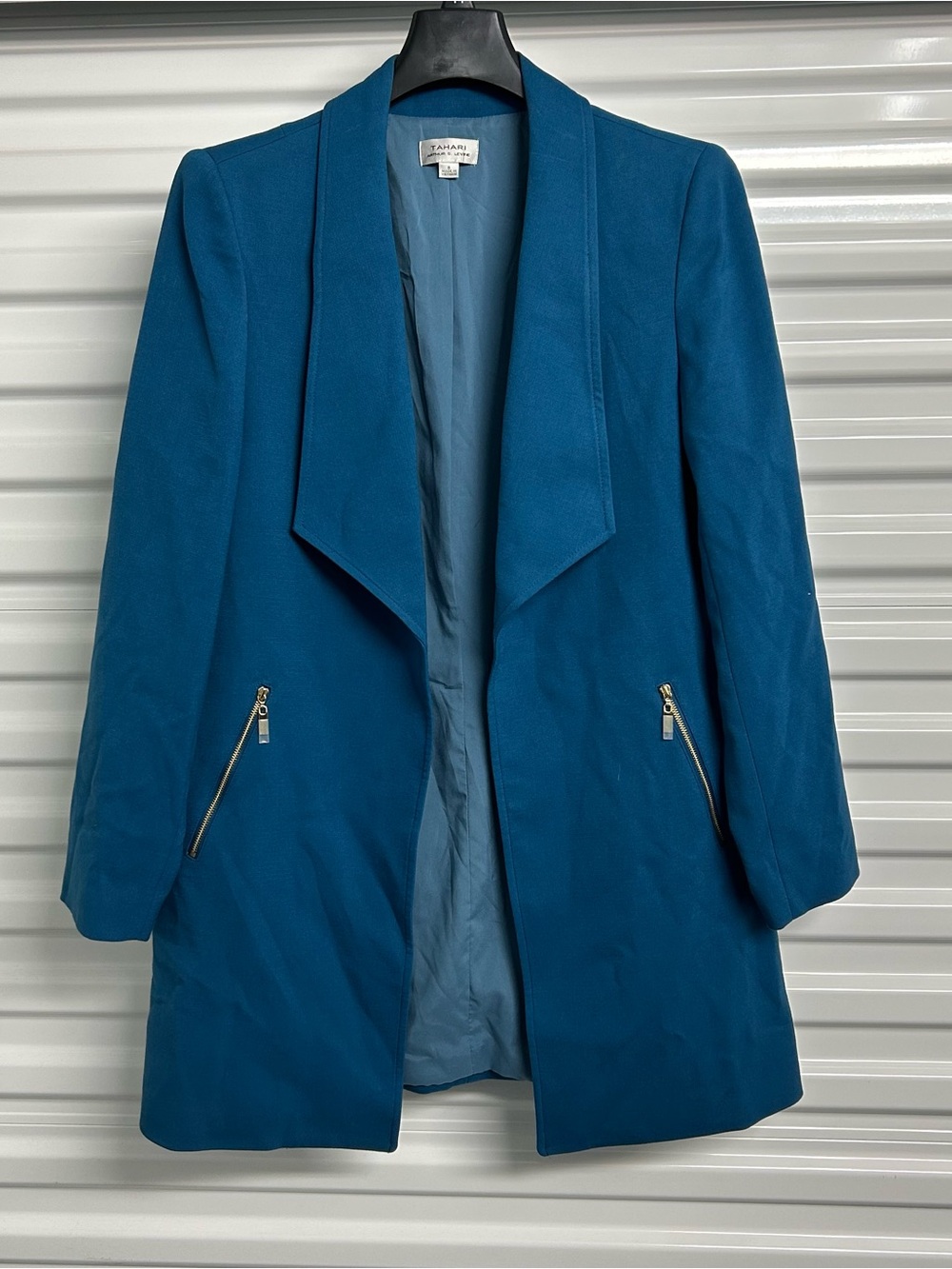 Tahari Teal Open Drape Long Blazer with Zip Pockets